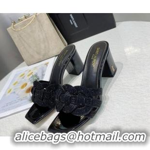 Shop Cheap Saint Laurent Medium Heel Slide Sandals with Crystals Black 0324156