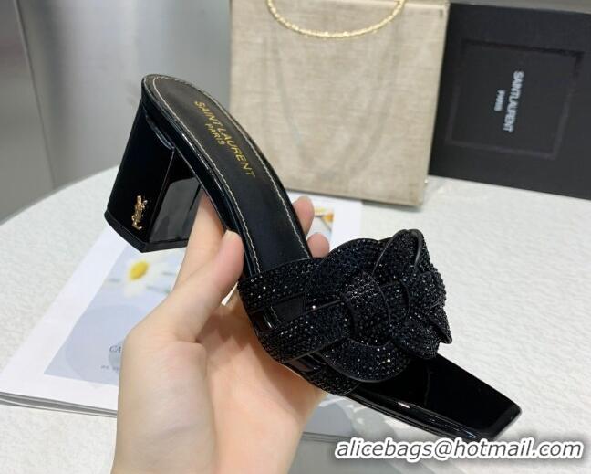 Shop Cheap Saint Laurent Medium Heel Slide Sandals with Crystals Black 0324156