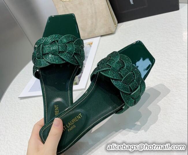 Perfect Saint Laurent Flat Slide Sandals with Crystals Green 324158