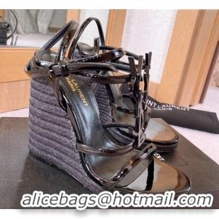 Perfect Saint Laurent Patent Leather YSL Wedge Sandals 12 Black 0325005