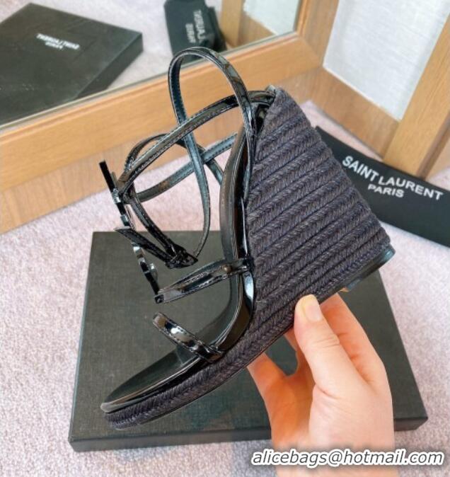 Perfect Saint Laurent Patent Leather YSL Wedge Sandals 12 Black 0325005