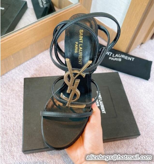 Top Grade Saint Laurent Calf Leather YSL Wedge Sandals 12 Black/Gold 0325006