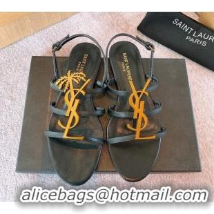 Durable Saint Laurent Calf Leather YSL Flat Sandals Black/Yellow Gold 0325007