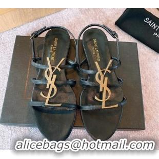 Good Quality Saint Laurent Calf Leather YSL Flat Sandals Black/Aged Gold 325008