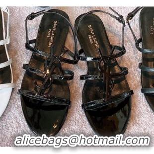 Best Product Saint Laurent Patent Leather YSL Flat Sandals Black 0325009