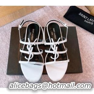 Low Price Saint Laurent Calf Leather YSL Flat Sandals White 0325010