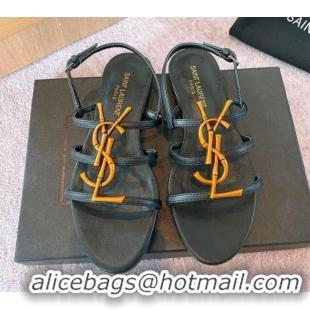 Best Grade Saint Laurent Calf Leather YSL Flat Sandals Black/Gold 325011