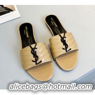 Most Popular Saint Laurent Monogram Patent Leather YSL Flat Slide Sandals Beige 325013