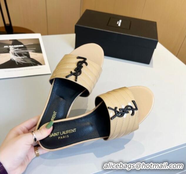 Most Popular Saint Laurent Monogram Patent Leather YSL Flat Slide Sandals Beige 325013