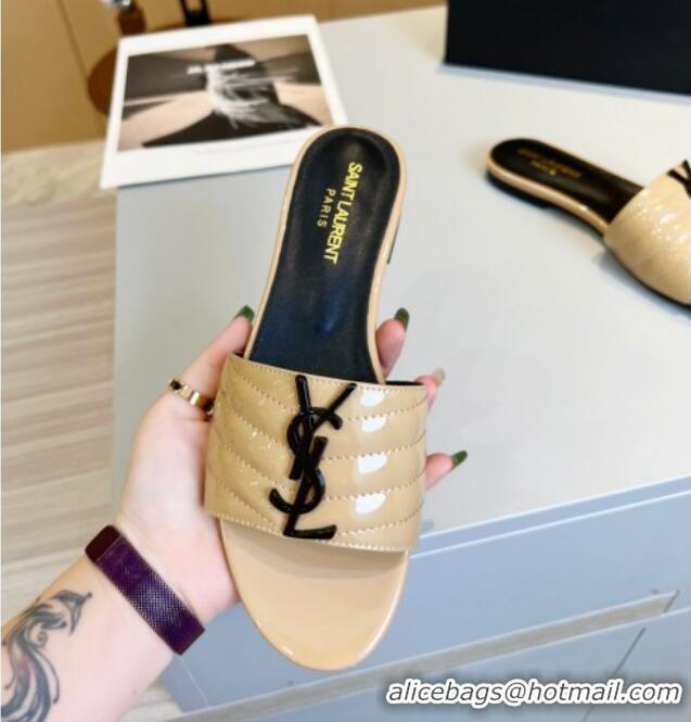 Most Popular Saint Laurent Monogram Patent Leather YSL Flat Slide Sandals Beige 325013