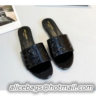 Classic Hot Saint Laurent Monogram Patent Leather YSL Flat Slide Sandals Black 325014