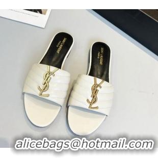 Cheap Price Saint Laurent Monogram Calf Leather YSL Flat Slide Sandals White 0325017