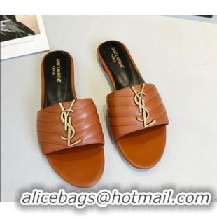 Good Product Saint Laurent Monogram Calf Leather YSL Flat Slide Sandals Brown 0325018