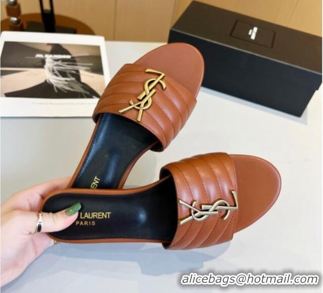 Good Product Saint Laurent Monogram Calf Leather YSL Flat Slide Sandals Brown 0325018