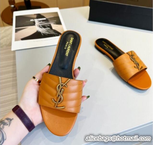 Unique Style Saint Laurent Monogram Calf Leather YSL Flat Slide Sandals Apricot 0325019