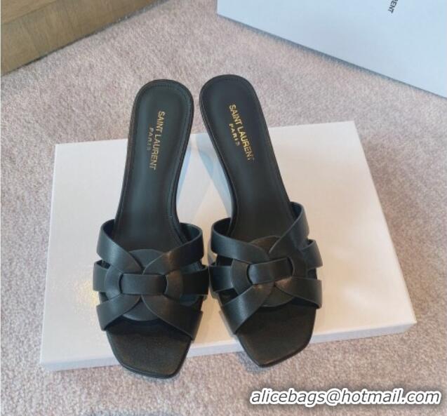 Luxurious Saint Laurent Calf Leather Medium Heel Slide Sandals 6.5cm Black 325020