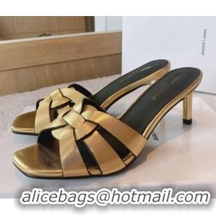 Pretty Style Saint Laurent Calf Leather Medium Heel Slide Sandals 6.5cm Gold 0325021