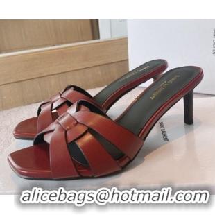 Best Grade Saint Laurent Calf Leather Medium Heel Slide Sandals 6.5cm Burgundy 0325022