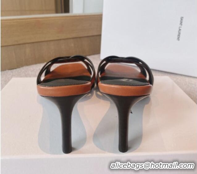 Charming Saint Laurent Calf Leather Medium Heel Slide Sandals 6.5cm Brown 032504