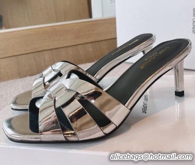 Good Looking Saint Laurent Patent Leather Medium Heel Slide Sandals 6.5cm Silver 325028