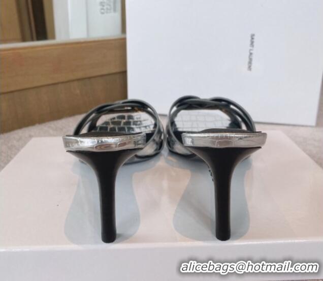 Stylish Saint Laurent Medium Heel Slide Sandals 6.5cm in Stone Embossed Leather Silver 0325031