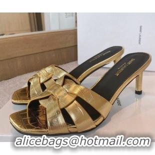 Top Grade Saint Laurent Medium Heel Slide Sandals 6.5cm in Stone Embossed Leather Gold 0325032