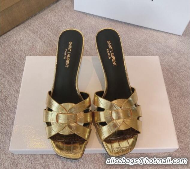 Top Grade Saint Laurent Medium Heel Slide Sandals 6.5cm in Stone Embossed Leather Gold 0325032