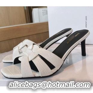 Good Quality Saint Laurent Medium Heel Slide Sandals 6.5cm in Stone Embossed Leather White 0325034