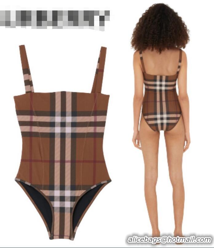 Discount Burberry Plaid Patterns One-piece Swimwear BU8710 Brown 2023 