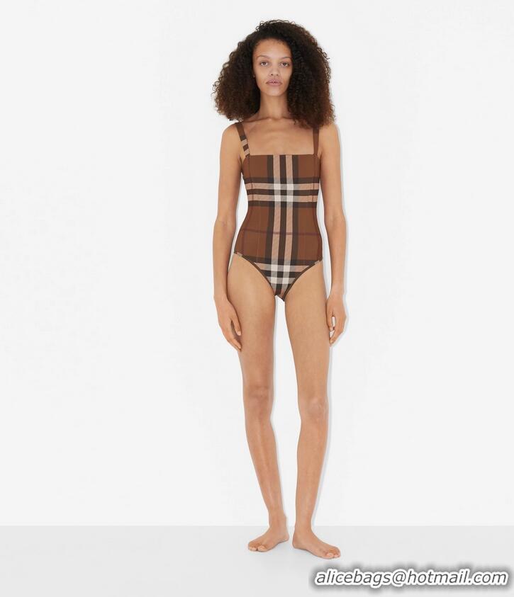 Discount Burberry Plaid Patterns One-piece Swimwear BU8710 Brown 2023 