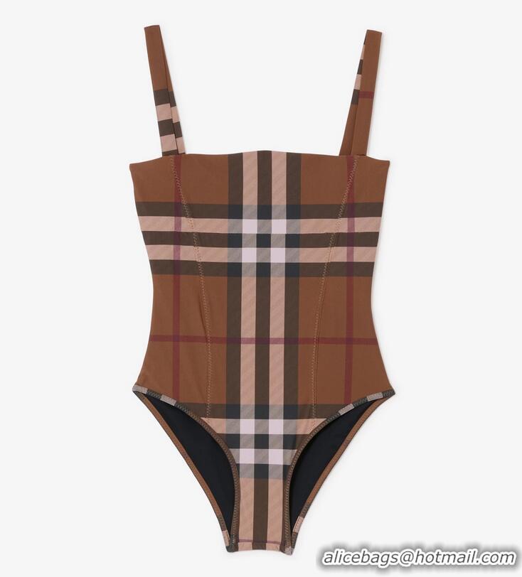 Discount Burberry Plaid Patterns One-piece Swimwear BU8710 Brown 2023 