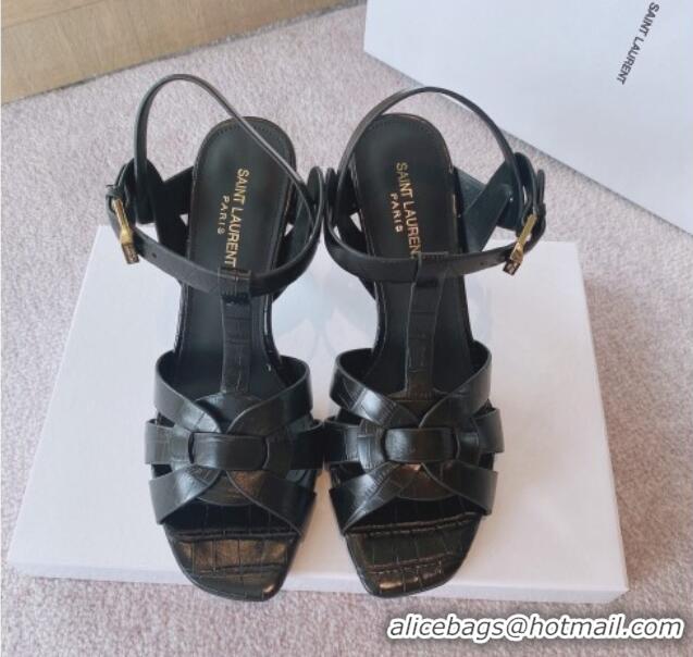 Best Price Saint Laurent High Heel Sandals 8.5cm in Stone Embossed Leather Black 325045