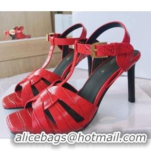 Grade Quality Saint Laurent High Heel Sandals 8.5cm in Stone Embossed Leather Red 0325047