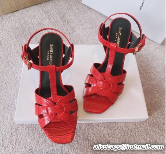 Grade Quality Saint Laurent High Heel Sandals 8.5cm in Stone Embossed Leather Red 0325047