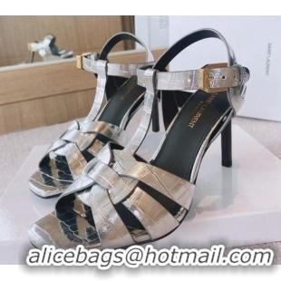 Unique Style Saint Laurent High Heel Sandals 8.5cm in Stone Embossed Leather Silver 0325048