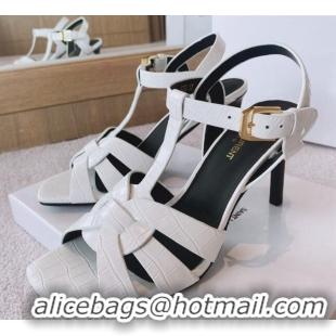 Low Price Saint Laurent High Heel Sandals 8.5cm in Stone Embossed Leather White 0325049