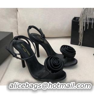 Charming Saint Laurent Satin High Heel Sandals 9cm with Bloom Charm Black 0412031