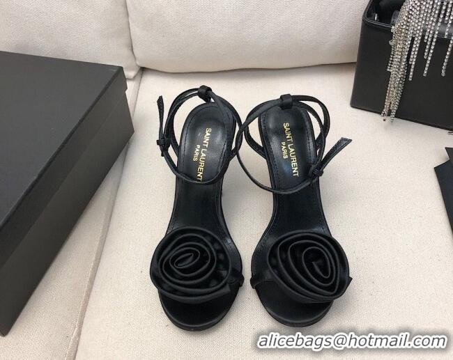 Charming Saint Laurent Satin High Heel Sandals 9cm with Bloom Charm Black 0412031