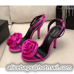 Popular Style Saint Laurent Satin High Heel Sandals 9cm with Bloom Charm Dark Pink 412032