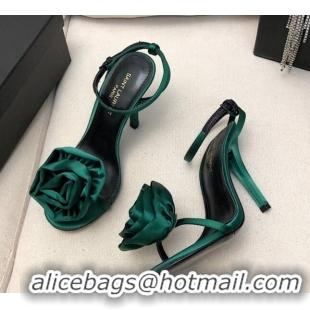 Best Grade Saint Laurent Satin High Heel Sandals 9cm with Bloom Charm Green 0412033