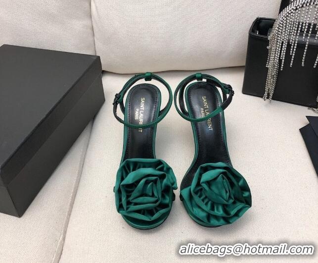 Best Grade Saint Laurent Satin High Heel Sandals 9cm with Bloom Charm Green 0412033