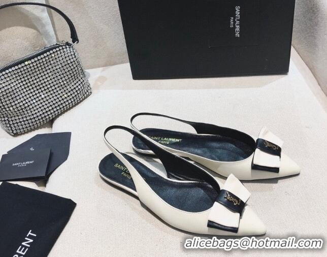 Good Looking Saint Laurent Anaïs Slingbacks Flat in Leather with Bow Black/White 412035