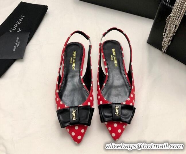 Best Grade Saint Laurent Anaïs Slingbacks Flat in Dots Print with Bow Red 412038