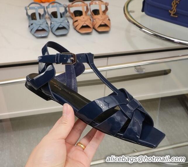 Grade Quality Saint Laurent Flat Sandals in Patent Leather Dark Blue 0426110