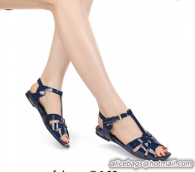 Grade Quality Saint Laurent Flat Sandals in Patent Leather Dark Blue 0426110