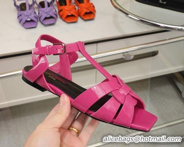 Good Product Saint Laurent Flat Sandals in Dark Pink Patent Leather 426111