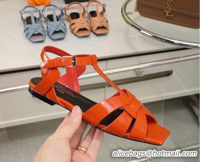 Good Looking Saint Laurent Flat Sandals in Orange Patent Leather 0426117