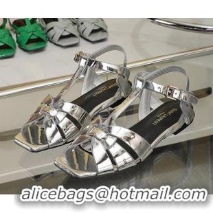 Best Product Saint Laurent Flat Sandals in Silver Patent Metallic Leather 0426112