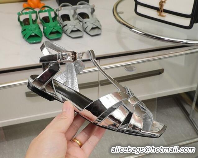 Best Product Saint Laurent Flat Sandals in Silver Patent Metallic Leather 0426112