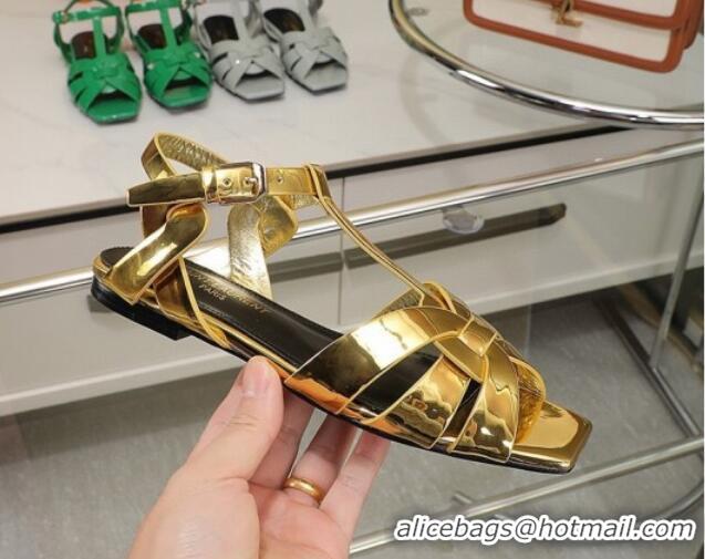 Big Discount Saint Laurent Flat Sandals in Gold Patent Metallic Leather 30426113